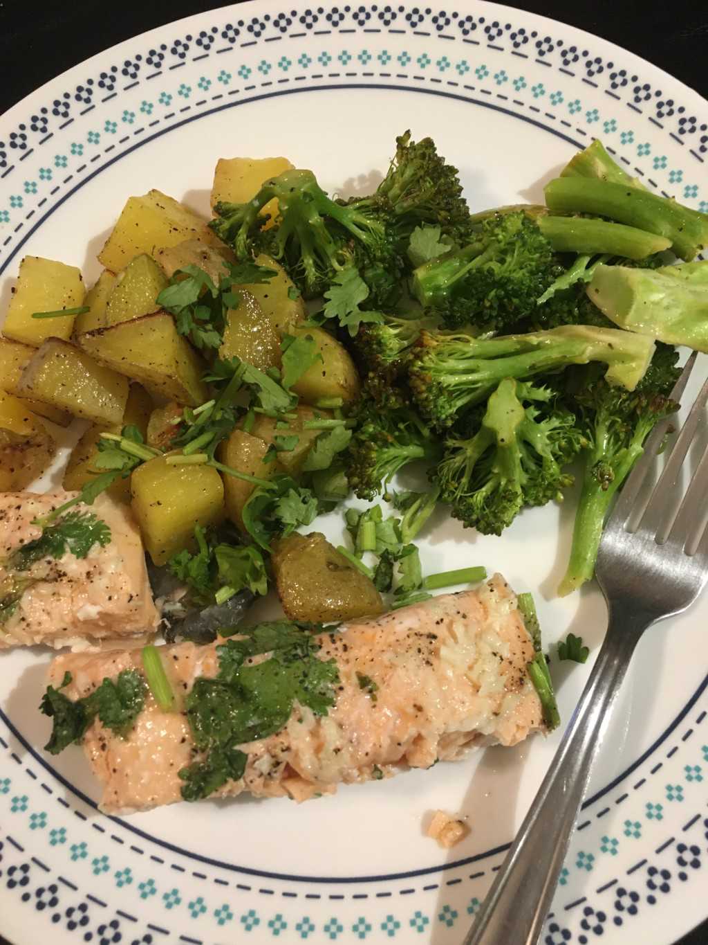 Salmon, Broccoli and Potatoes on a plate