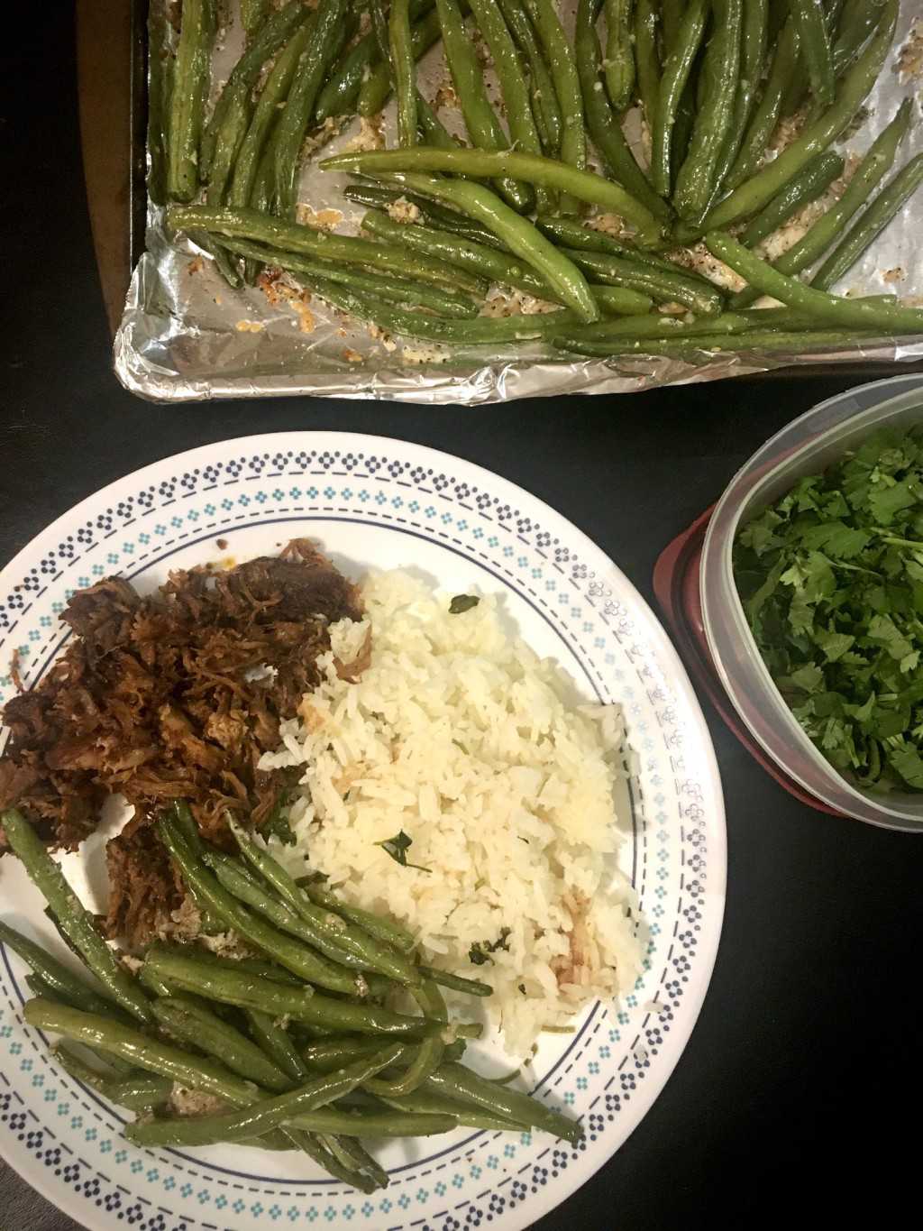 Pork, rice, and green beans