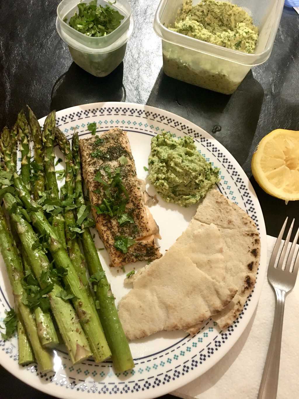 Salmon, asparagus, and hummus