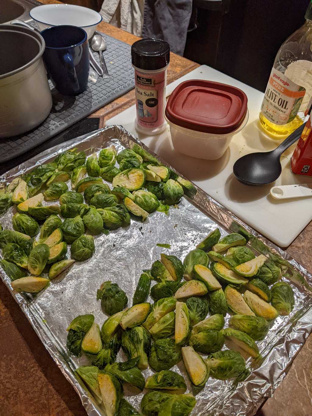 Brussels sprouts, half with sea salt, half with table salt