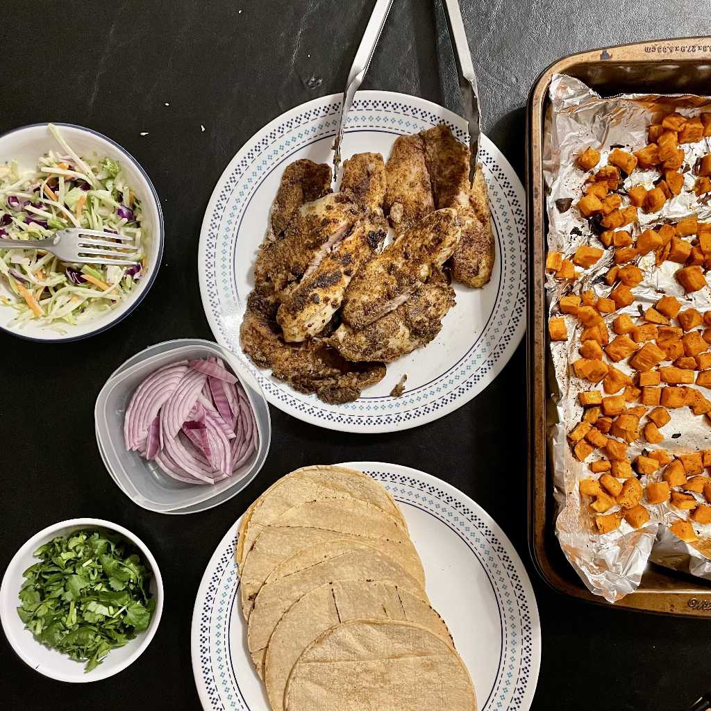 Overhead shot of all the components of our fish tacos