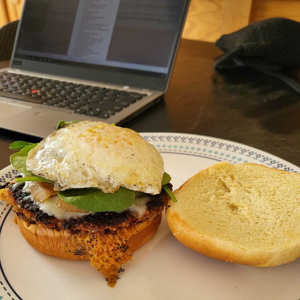 Closeup of a quinoa burger (with top bun off) with my laptop in the background