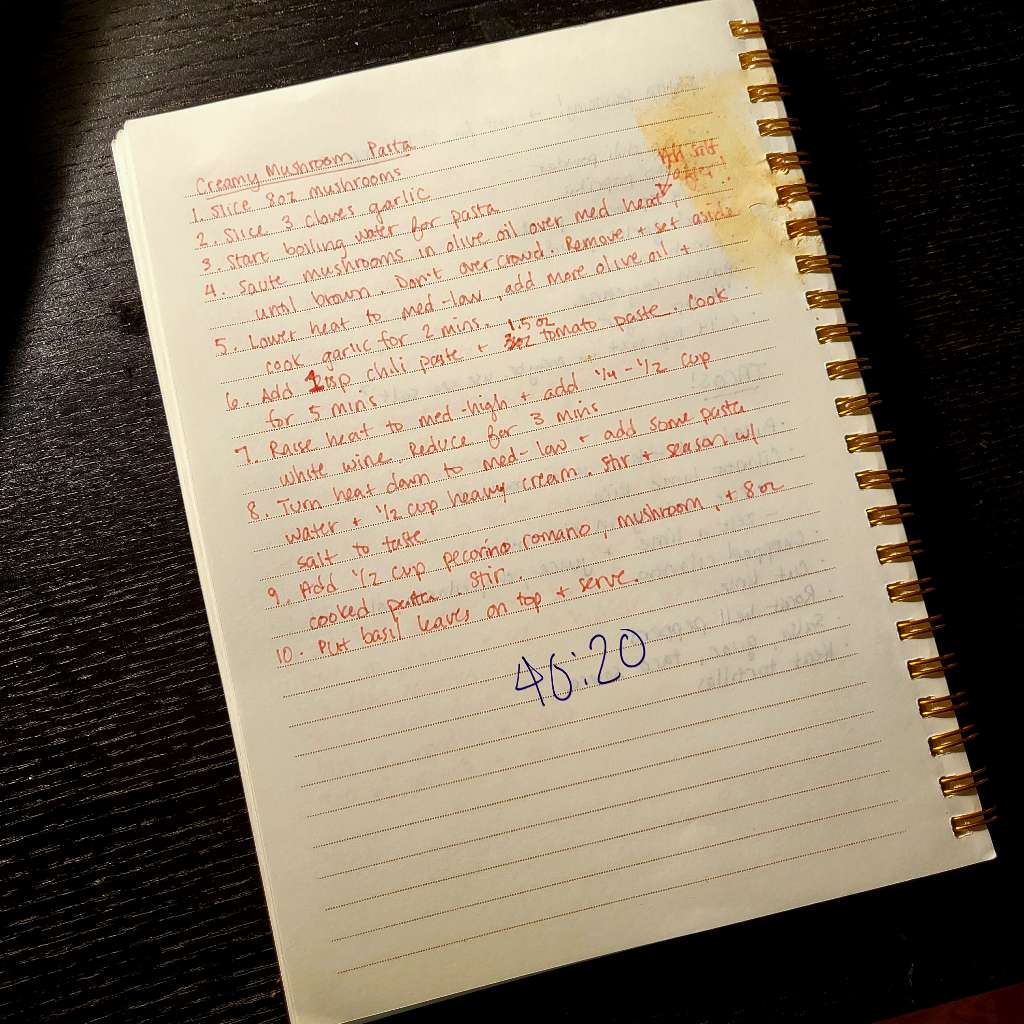 Pasta recipe written down in a journal, with a stain on it