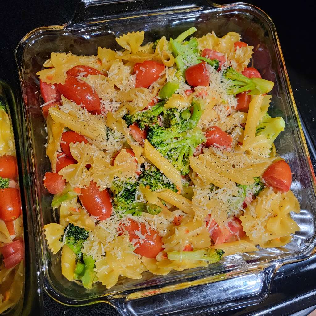 Hummus pasta in a baking dish