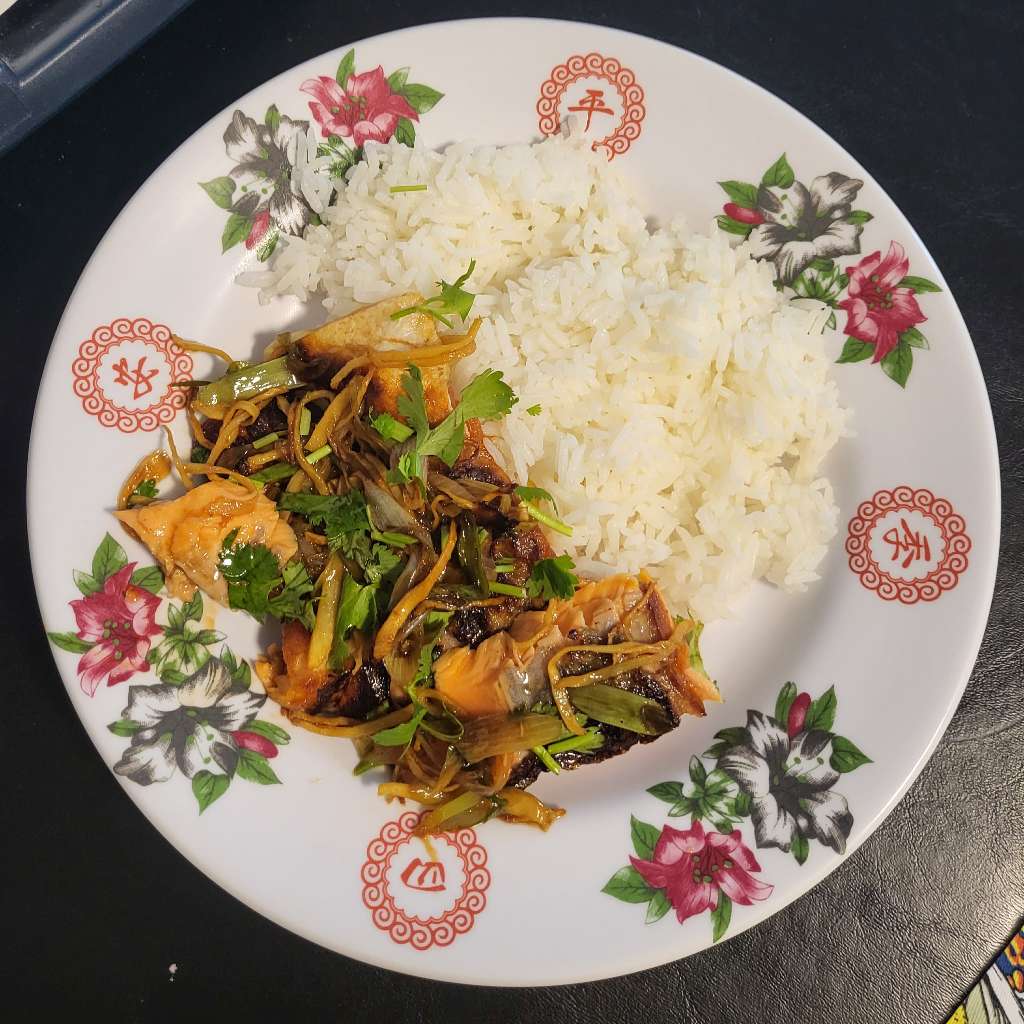 Ginger salmon with rice on an Asian plate