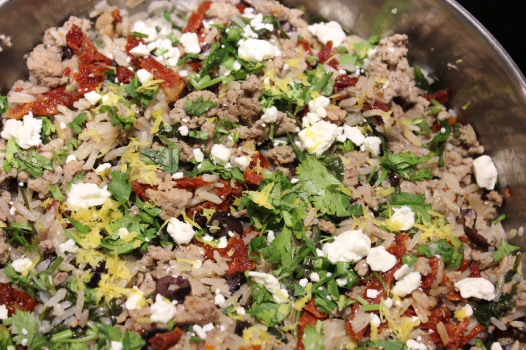 Close up of the Greek turkey rice skillet