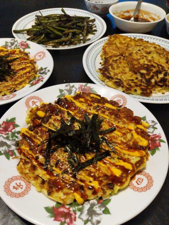 Okonomiyaki (Just One Cookbook), Sichuan Dry Fried Green Beans (The Woks of Life) but we winged a lot of this since we were out of a bunch of ingredients