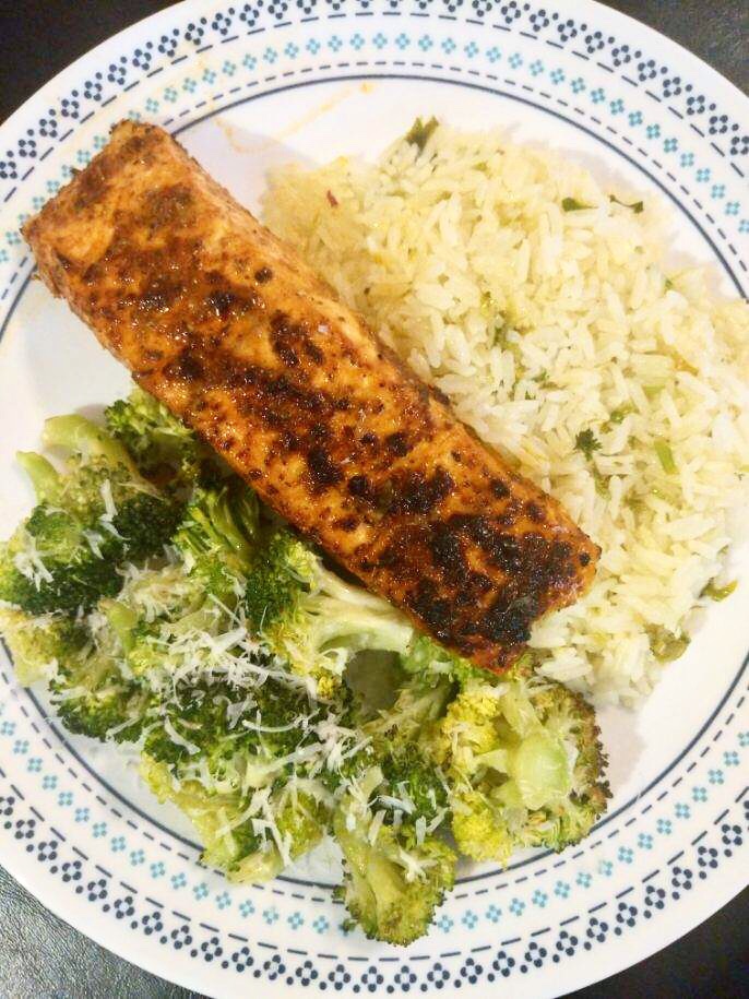 Cajun Salmon (How Sweet Eats), Cilantro Lime Rice (Budget Bytes)